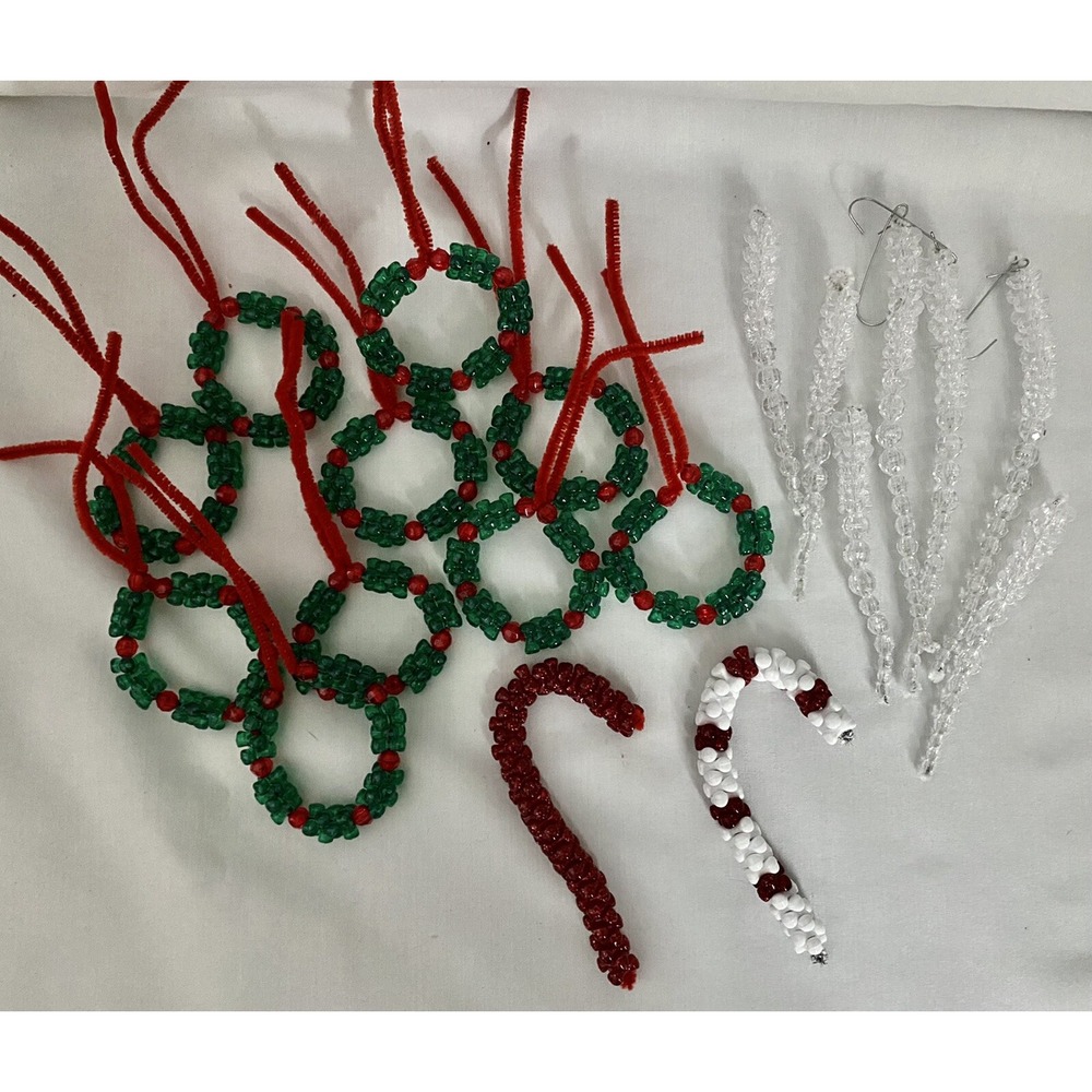 Vintage Beaded Christmas Ornaments Wreath Candy Cane Icicle